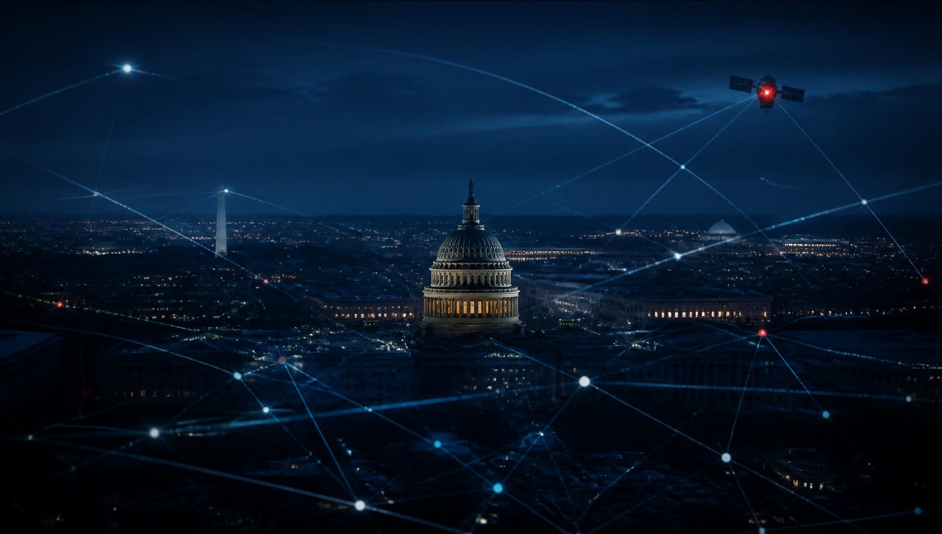 Washington, D.C. skyline at dusk overlaid with a network of data connections